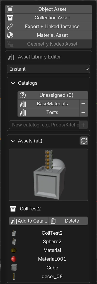 Instant-Asset-Panel in Blender 5.2: fünf Export-Knöpfe, darunter der Asset Library Editor mit Bibliotheks-Dropdown, Katalogbaum, Asset-Vorschau und Asset-Liste