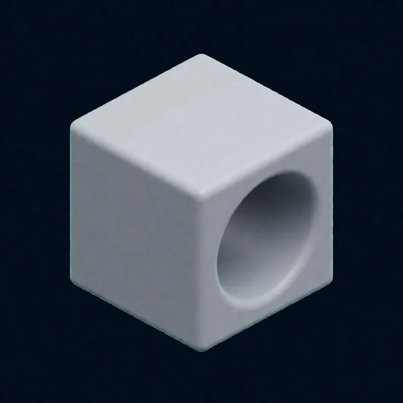 Boolean-Differenz in Blender: eine zylindrische Bohrung ist aus einem Würfel herausgeschnitten
