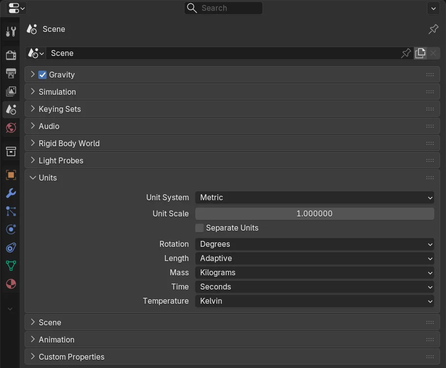 Blender 5.2, Scene Properties, Abschnitt Units im Auslieferungszustand: Unit System Metric, Unit Scale 1.000000, Length Adaptive
