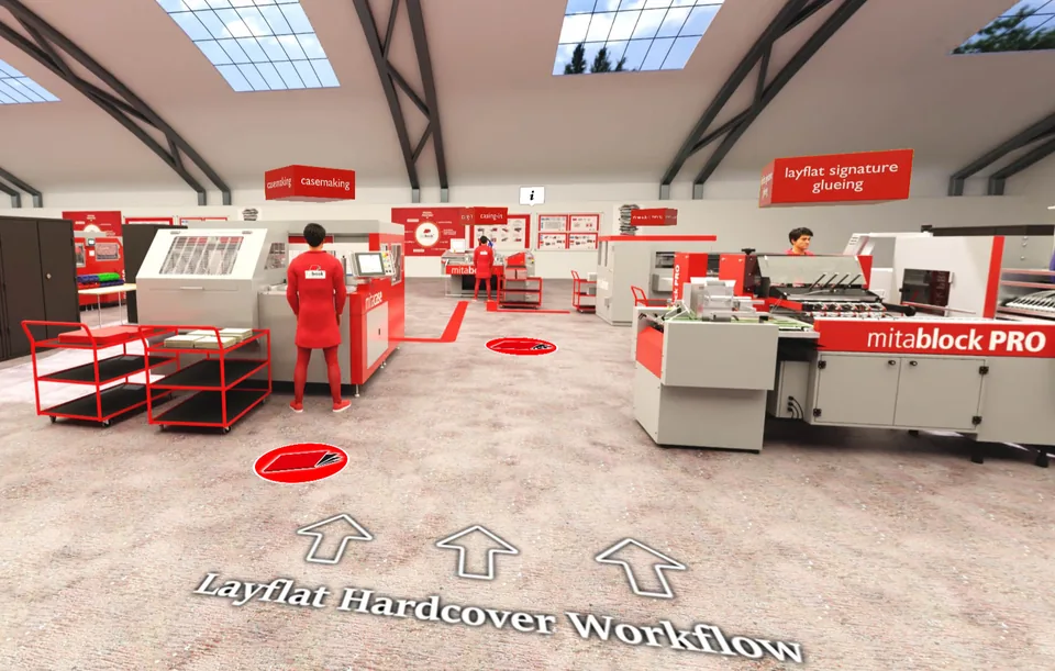 360-Grad-Tour Digibook: virtuelle Maschinenhalle mit Buchbinde-Maschinen, Laufweg-Pfeilen und Stations-Hotspots entlang des Layflat-Hardcover-Workflows