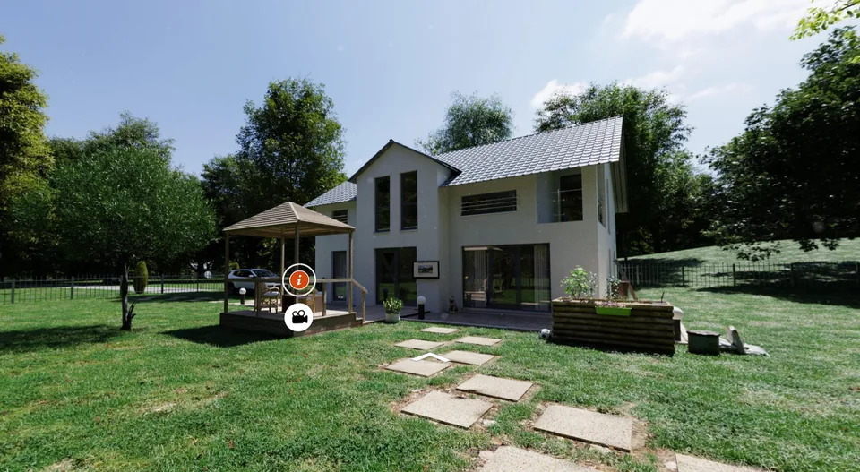 360-Grad-Tour Waldhaus: gerendertes Einfamilienhaus mit Garten und Holzpavillon, Info-Hotspots markieren die Stationen